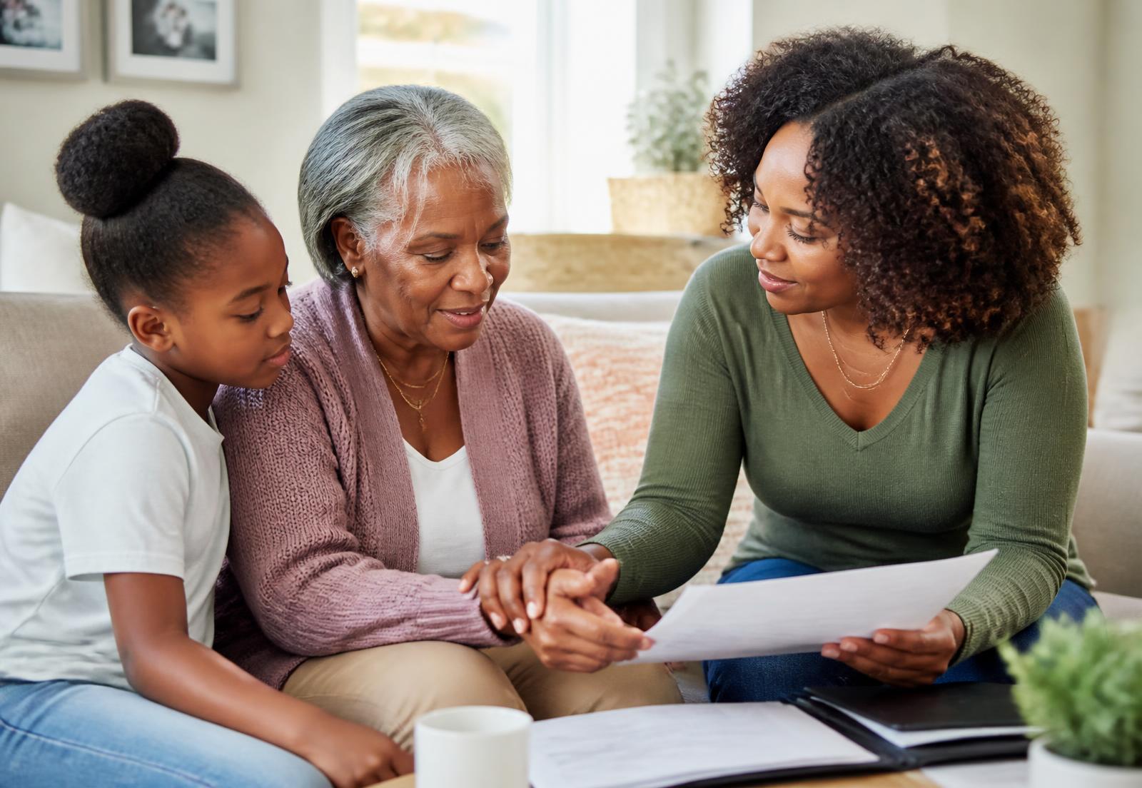 A daughter, mother, and granddaughter reviewing care paperwork together at home